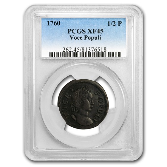 1760 Hibernia Halfpenny Voce Populi XF-45 PCGS (No 'P' Variety) 1760 Hibernia Halfpenny Voce Populi XF-45 PCGS (No 'P' Variety)